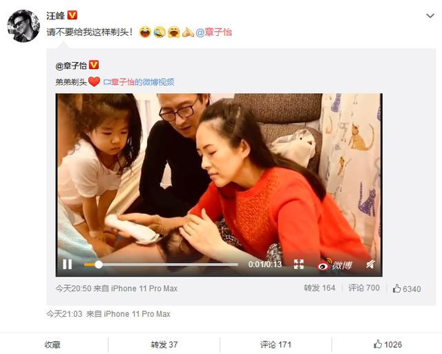 章子怡晒给儿子剃头 手法娴熟却被发际线抢镜 醒醒汪峰表情亮了